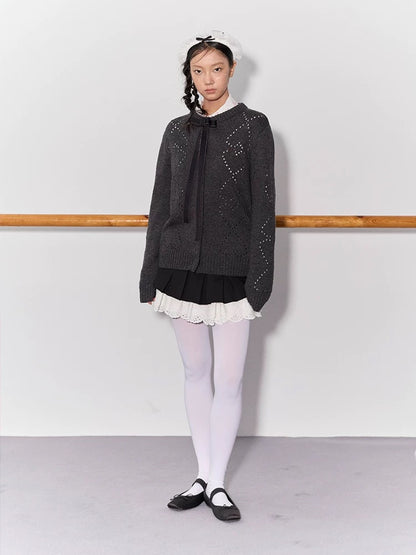 PER PEARL. Original Design Heart Cutout Bow Knit Cardigan