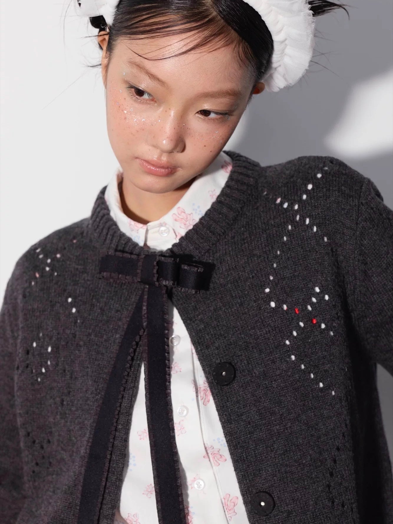PER PEARL. Original Design Heart Cutout Bow Knit Cardigan