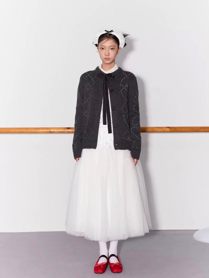 PER PEARL. Original Design Heart Cutout Bow Knit Cardigan