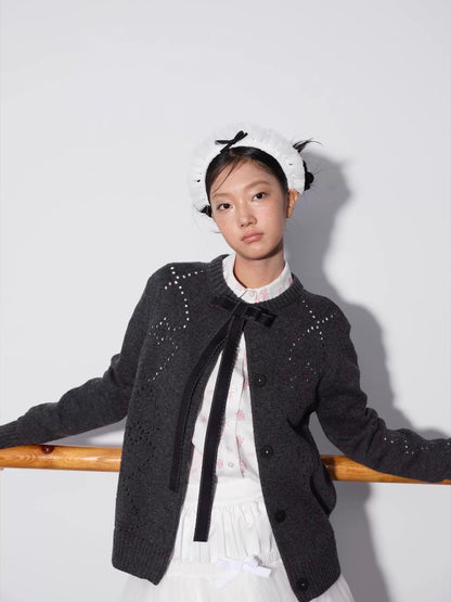 PER PEARL. Original Design Heart Cutout Bow Knit Cardigan
