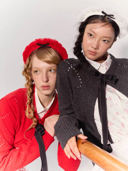 PER PEARL. Original Design Heart Cutout Bow Knit Cardigan