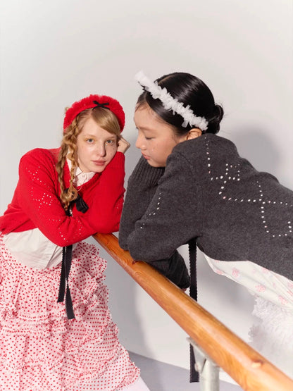 PER PEARL. Original Design Heart Cutout Bow Knit Cardigan