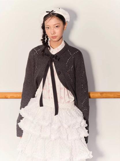 PER PEARL. Original Design Heart Cutout Bow Knit Cardigan