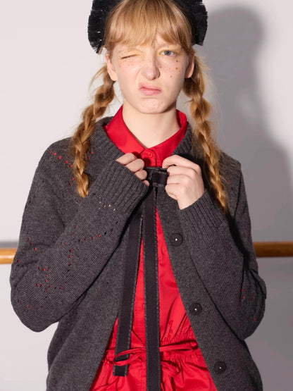 PER PEARL. Original Design Heart Cutout Bow Knit Cardigan