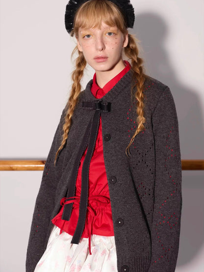 PER PEARL. Original Design Heart Cutout Bow Knit Cardigan