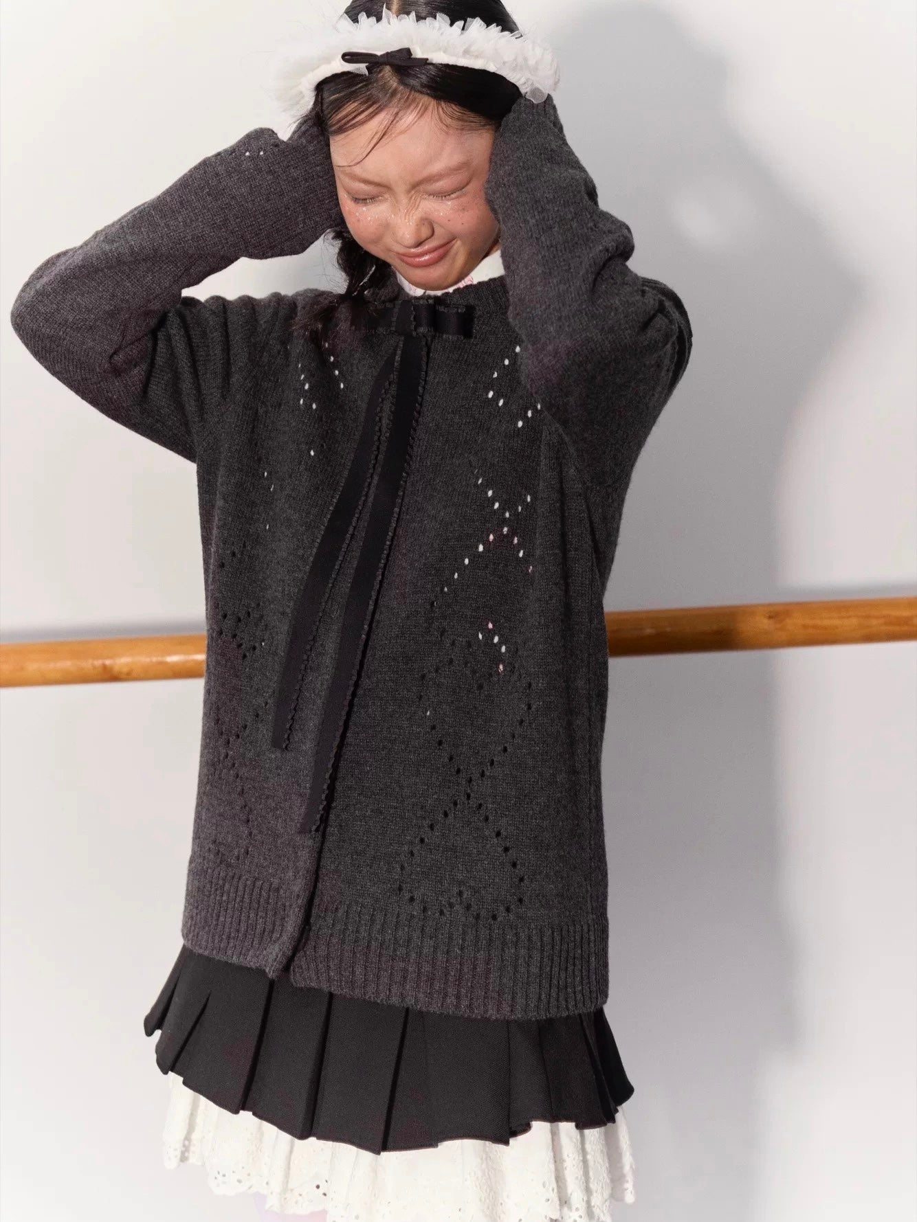 PER PEARL. Original Design Heart Cutout Bow Knit Cardigan