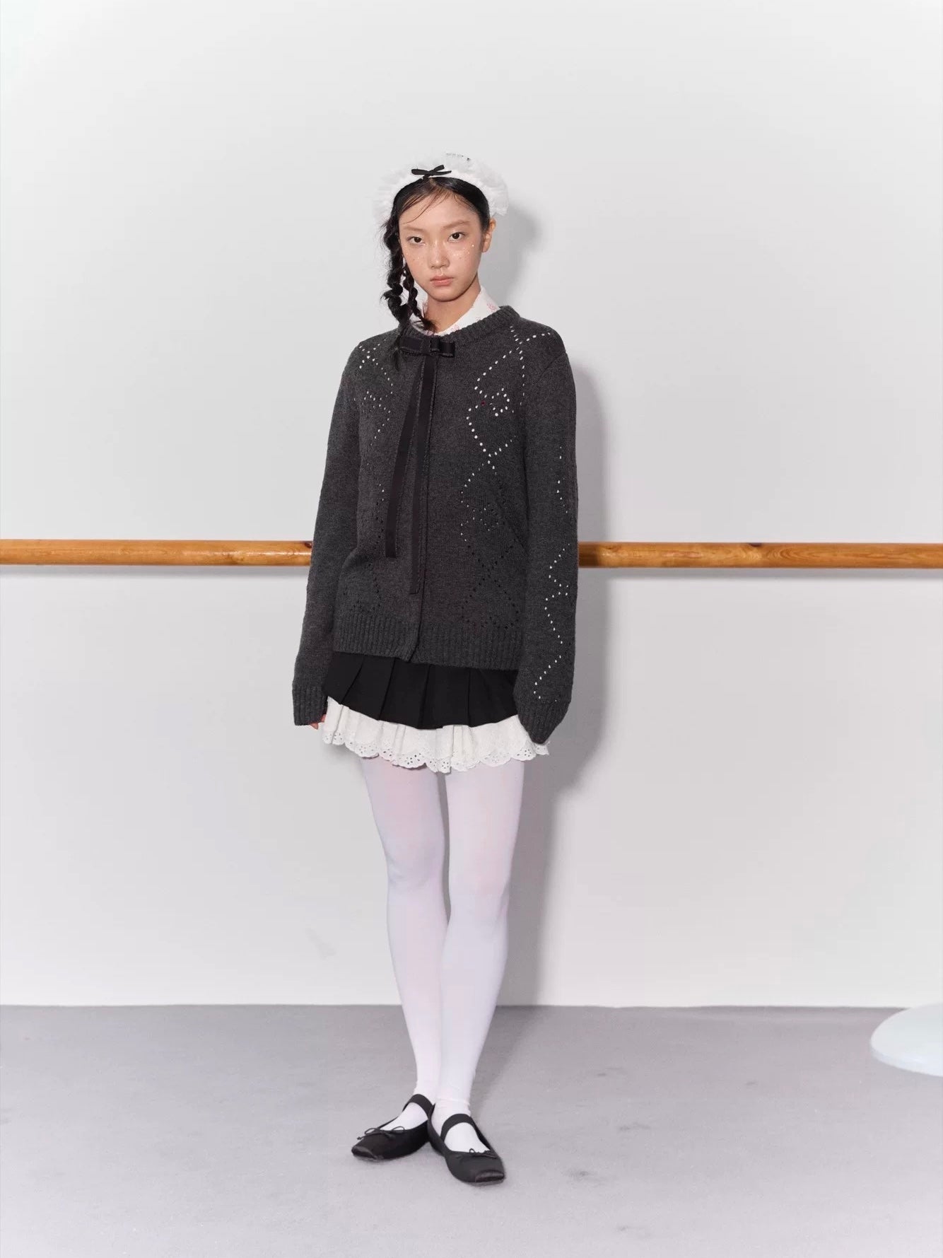 PER PEARL. Original Design Heart Cutout Bow Knit Cardigan