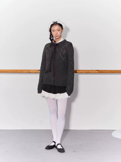 PER PEARL. Original Design Heart Cutout Bow Knit Cardigan