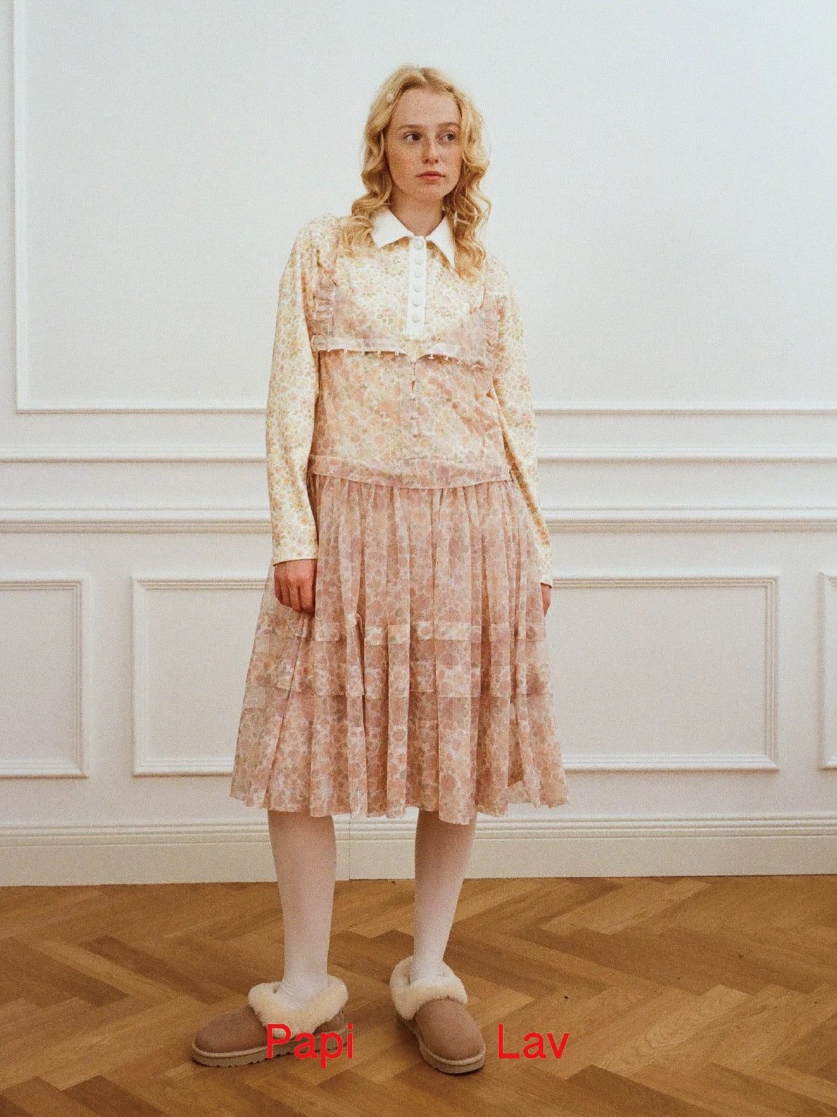 Papi Lav. Original Design Rose Print Sheer Tulle Overlay Strap Dress