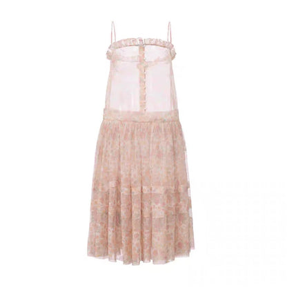 Papi Lav. Original Design Rose Print Sheer Tulle Overlay Strap Dress
