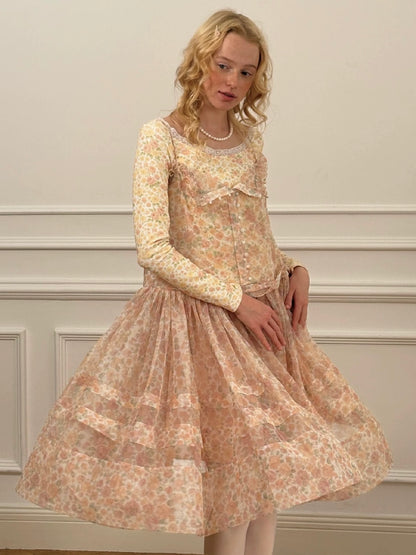 Papi Lav. Original Design Rose Print Sheer Tulle Overlay Strap Dress