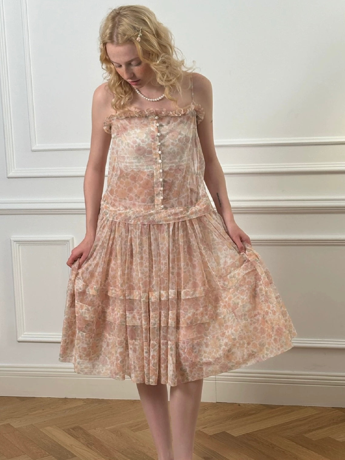 Papi Lav. Original Design Rose Print Sheer Tulle Overlay Strap Dress