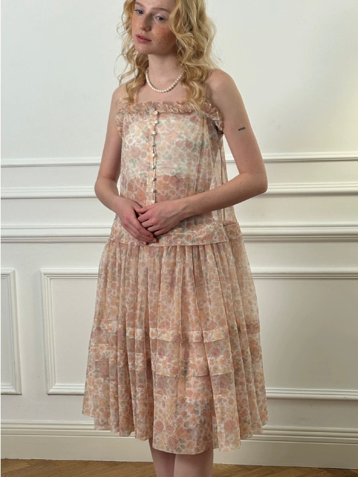 Papi Lav. Original Design Rose Print Sheer Tulle Overlay Strap Dress