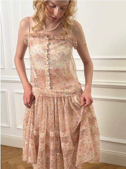 Papi Lav. Original Design Rose Print Sheer Tulle Overlay Strap Dress