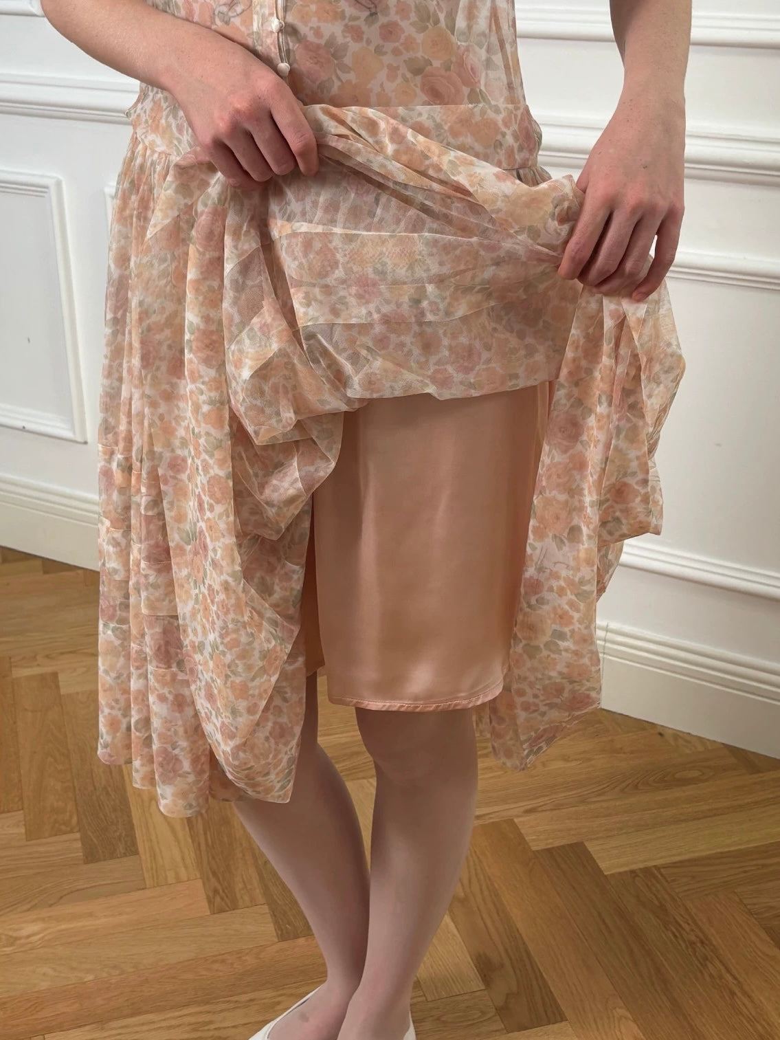 Papi Lav. Original Design Rose Print Sheer Tulle Overlay Strap Dress