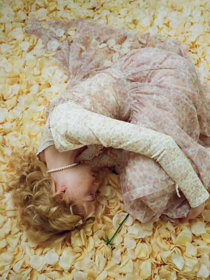 Papi Lav. Original Design Rose Print Sheer Tulle Overlay Strap Dress