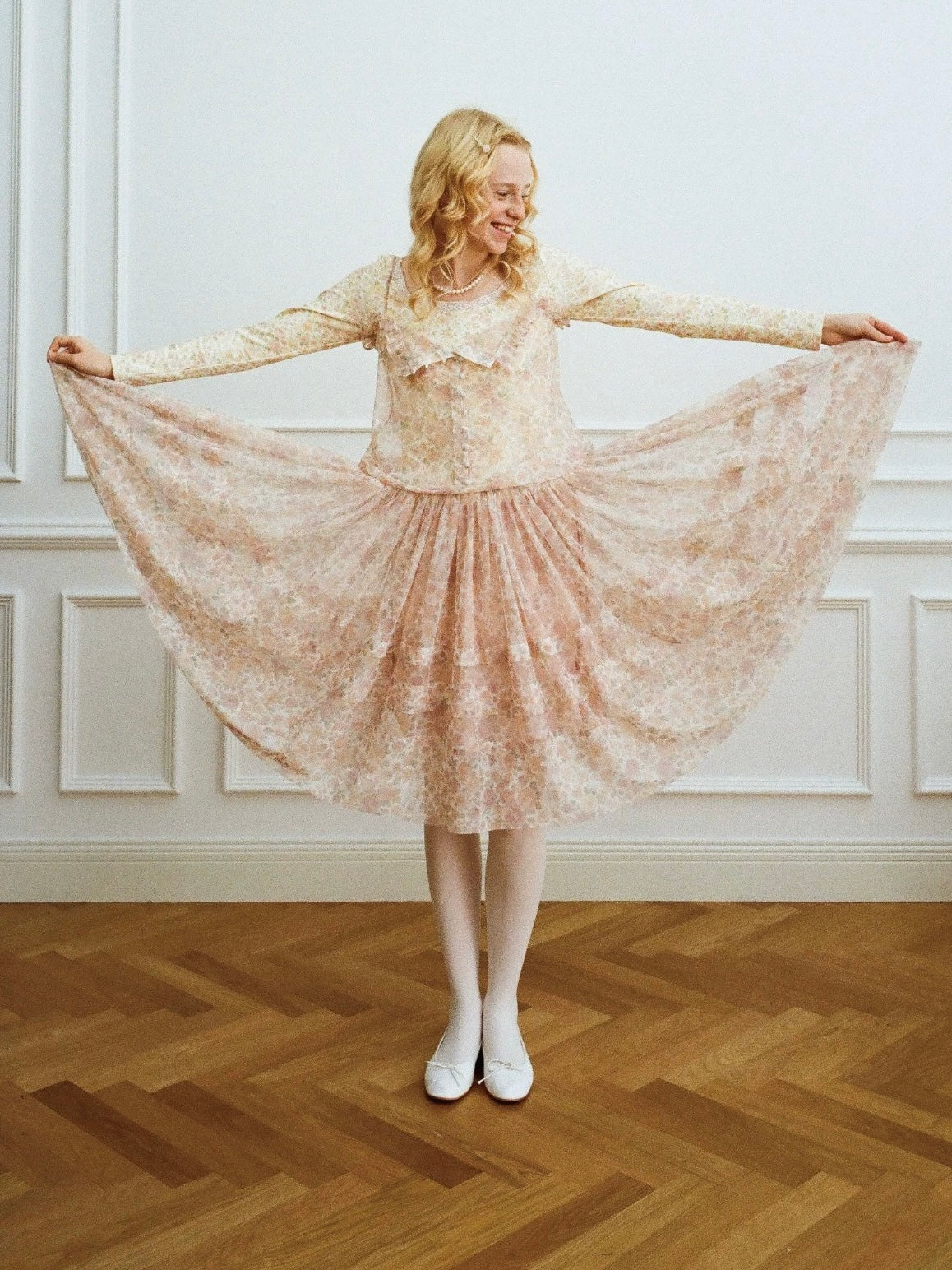 Papi Lav. Original Design Rose Print Sheer Tulle Overlay Strap Dress