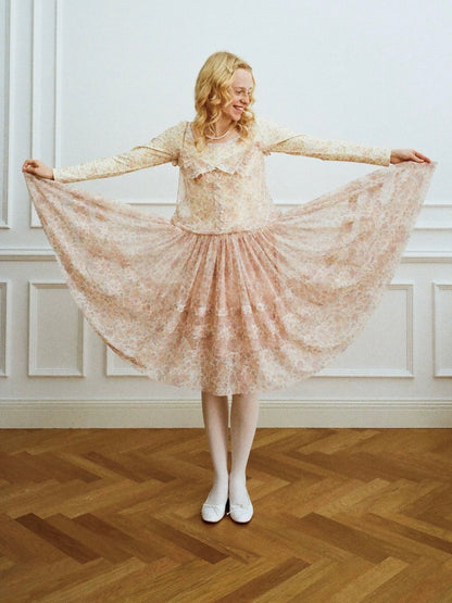 Papi Lav. Original Design Rose Print Sheer Tulle Overlay Strap Dress