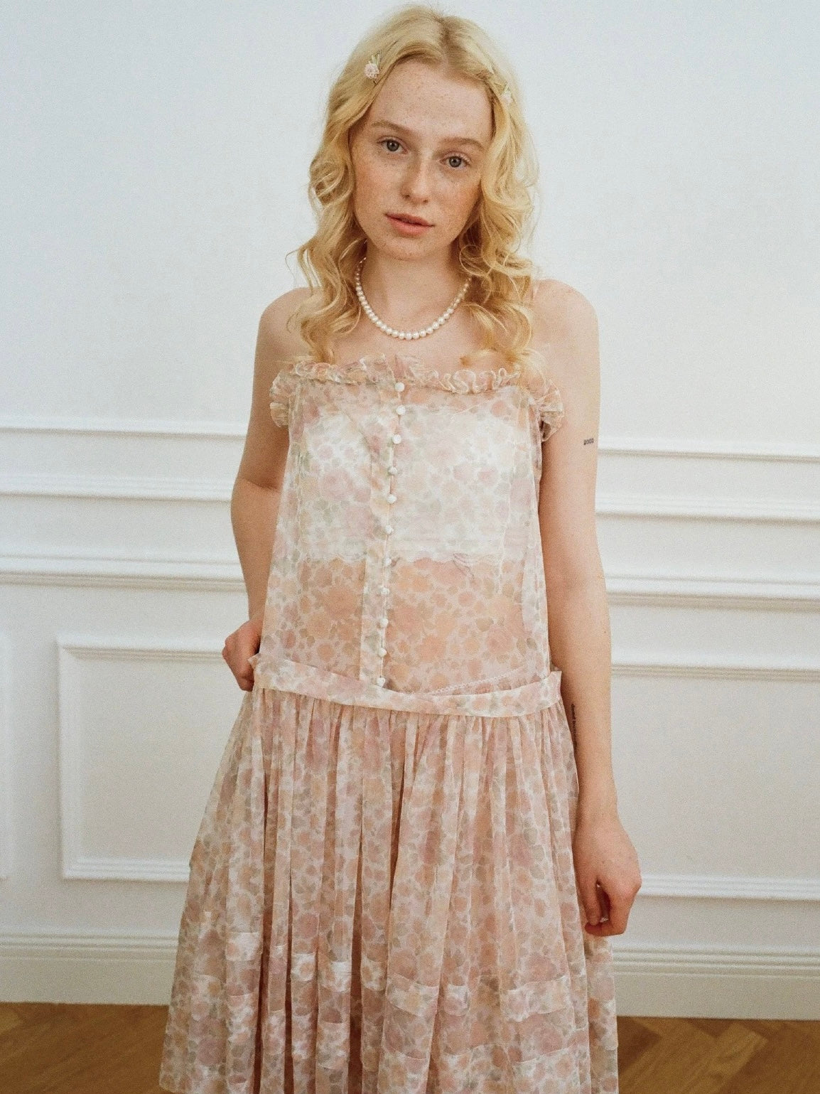 Papi Lav. Original Design Rose Print Sheer Tulle Overlay Strap Dress