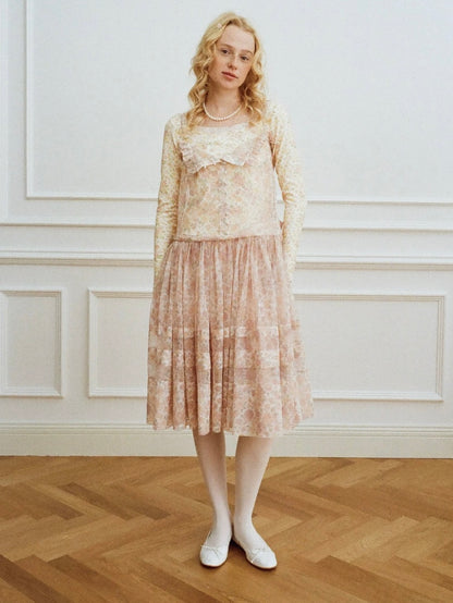 Papi Lav. Original Design Rose Print Sheer Tulle Overlay Strap Dress