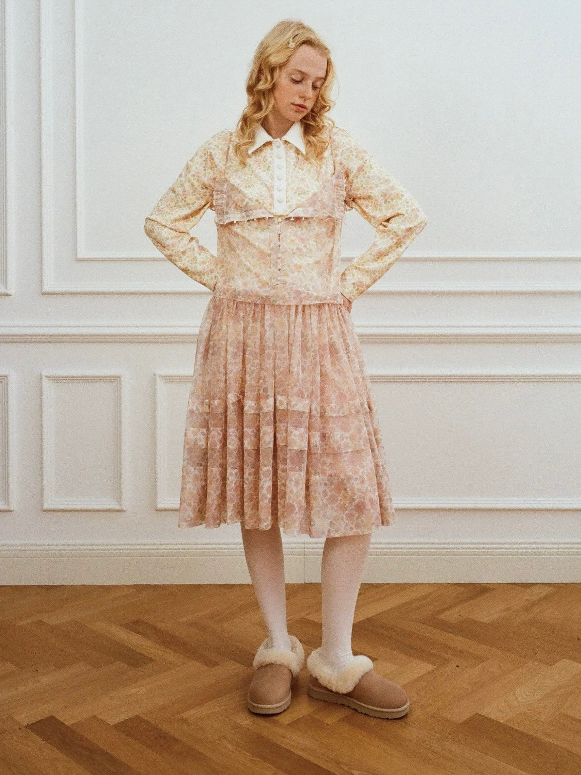 Papi Lav. Original Design Rose Print Sheer Tulle Overlay Strap Dress