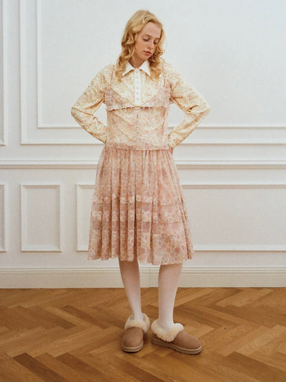 Papi Lav. Original Design Rose Print Sheer Tulle Overlay Strap Dress