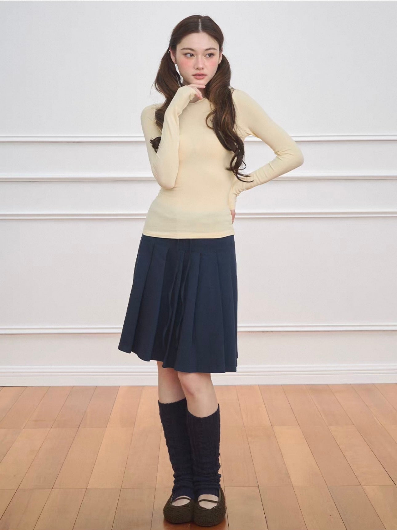 NECY. Original Design Knit Pleated Drawstring Skirt