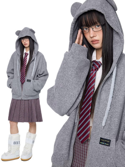 EZEK. Original Design Bear Ear Drawstring Hooded Zip Up Jacket