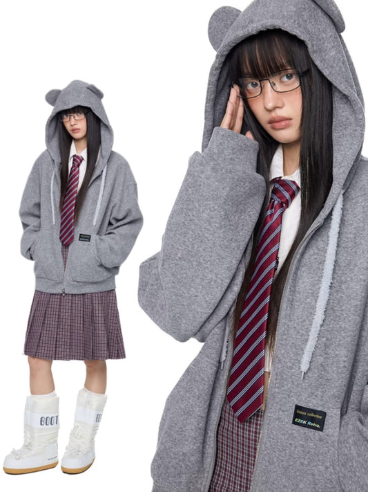 EZEK. Original Design Bear Ear Drawstring Hooded Zip Up Jacket