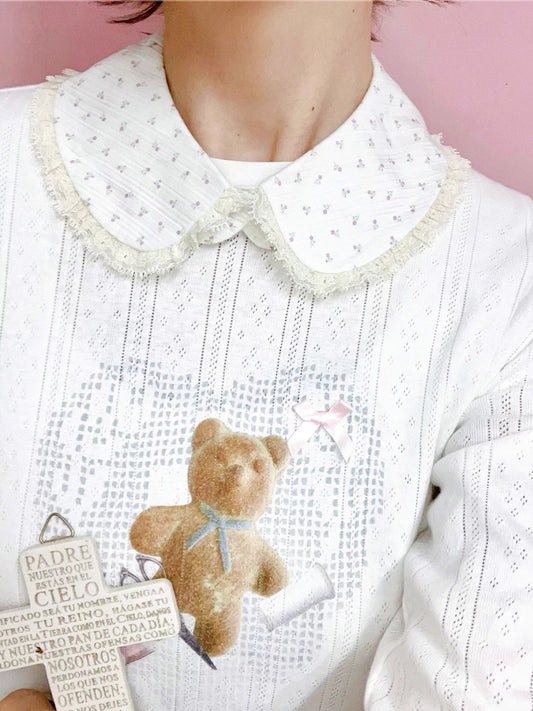 Cherrywine. Original Design Cookie Bear Print Lace Patchwork Knit Long Sleeve Top