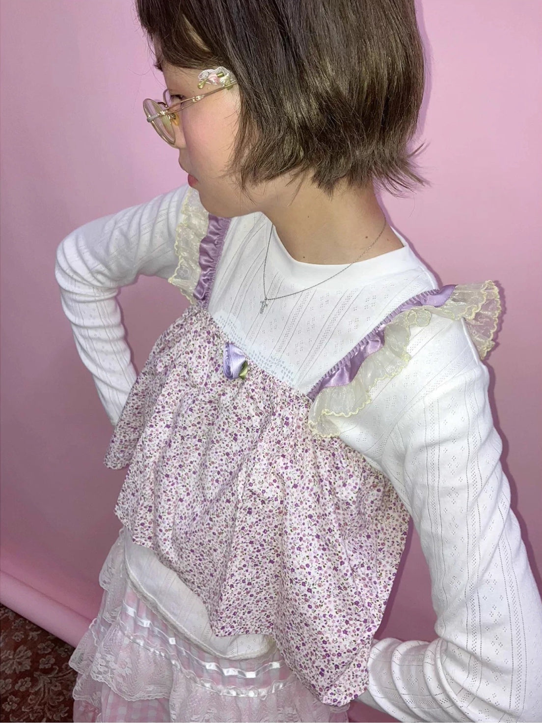 Cherrywine. Original Design Cookie Bear Print Lace Patchwork Knit Long Sleeve Top