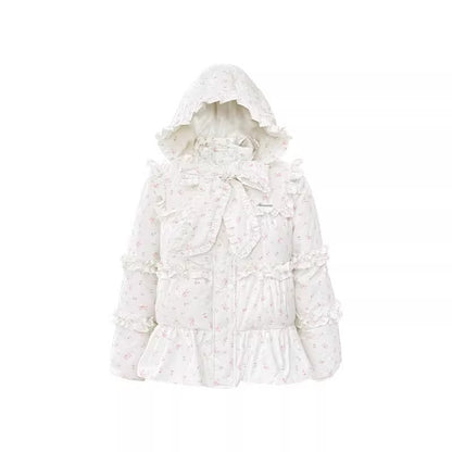 Narrator. Original Design Floral Ruffled Lace Bow Hooded Down Jacket
