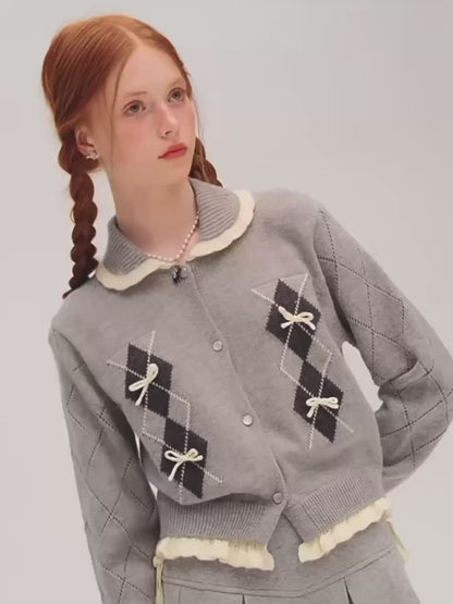 LOLOL.Original Design Argyle Check Bow Cardigan