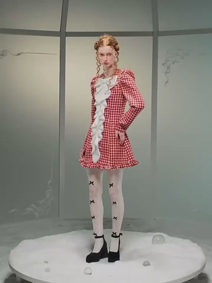 Narrator. Original Design Red Houndstooth Bow Lace Puff Sleeve Tight Skirt Dress