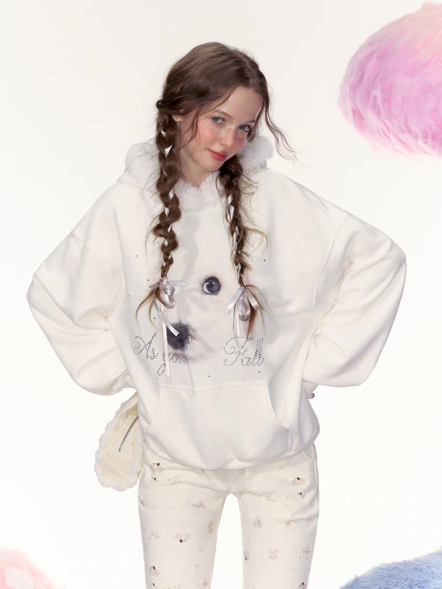 AYF. Original Design Dog Pattern White Casual Hoodie