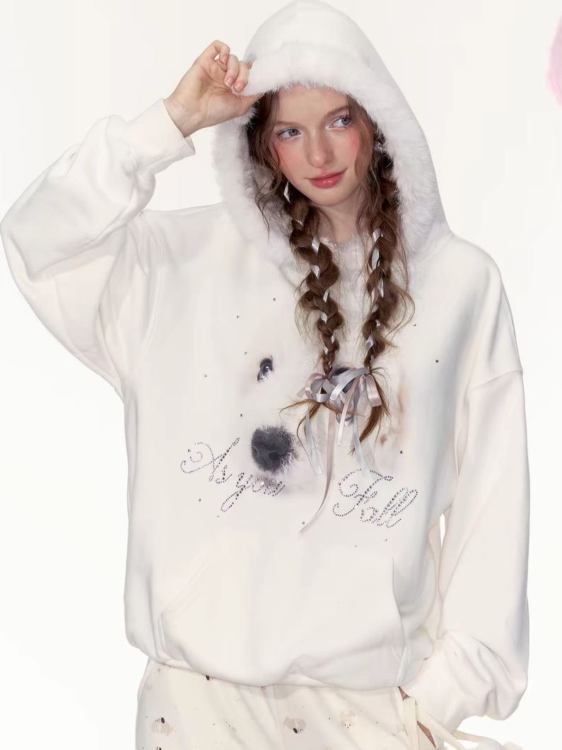 AYF. Original Design Dog Pattern White Casual Hoodie