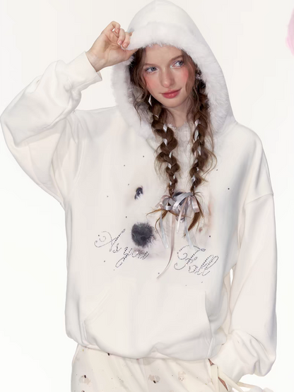 AYF. Original Design Dog Pattern White Casual Hoodie