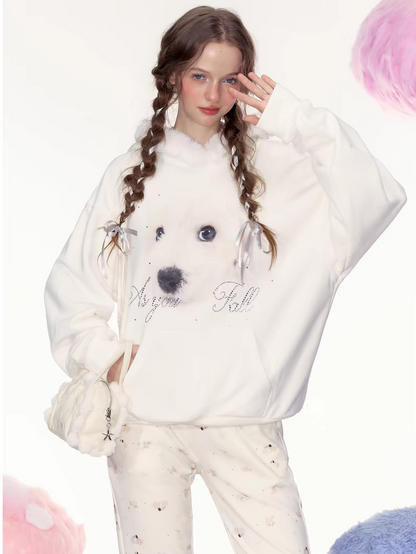 AYF. Original Design Dog Pattern White Casual Hoodie