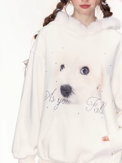 AYF. Original Design Dog Pattern White Casual Hoodie