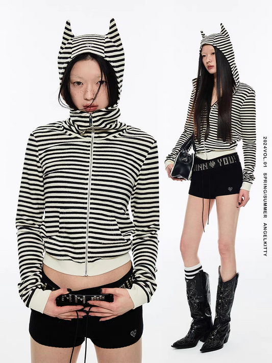 1JINN STUDIO. Original Design Striped Devil Horn Crop Zip-Up Hoodie