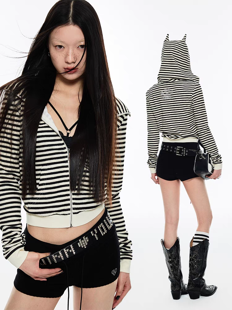 1JINN STUDIO. Original Design Striped Devil Horn Crop Zip-Up Hoodie