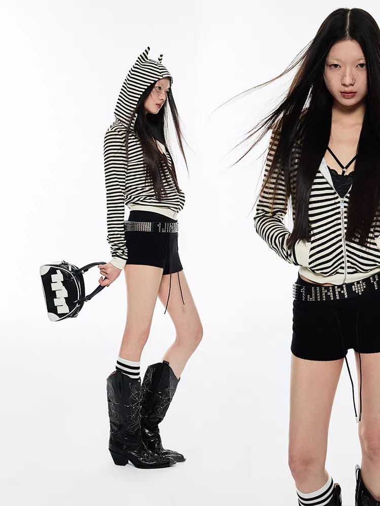 1JINN STUDIO. Original Design Striped Devil Horn Crop Zip-Up Hoodie