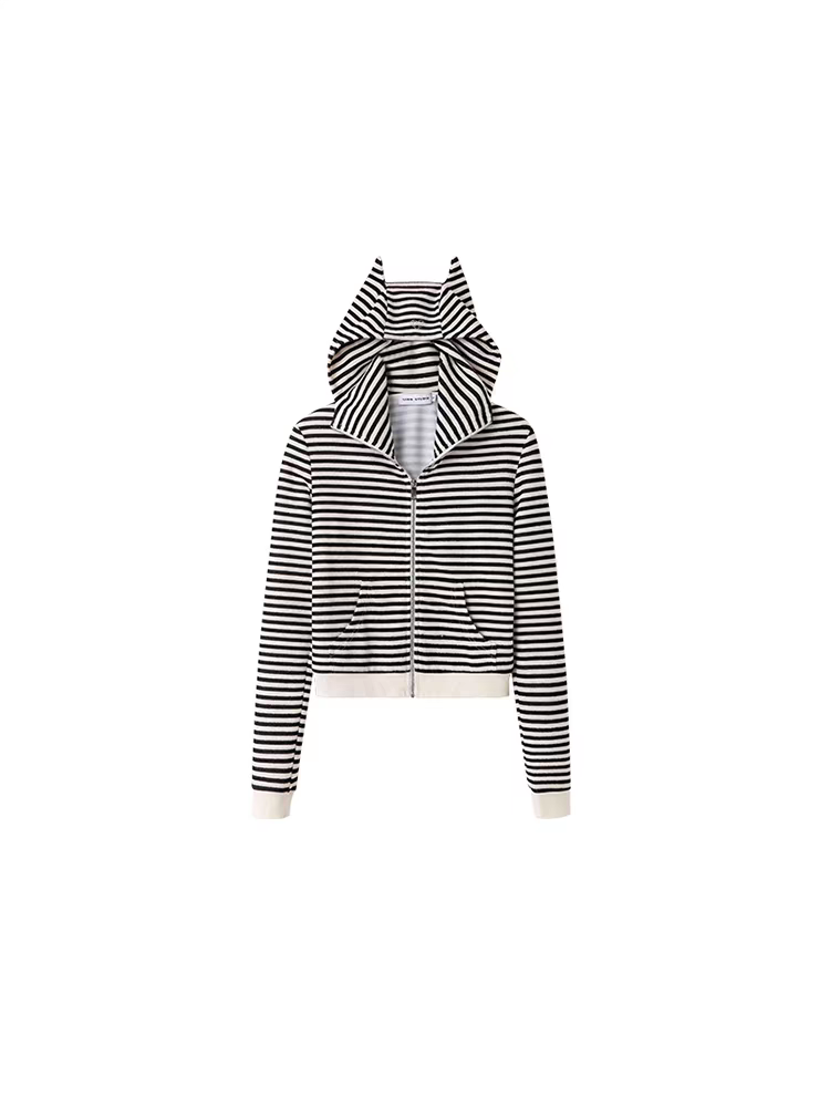 1JINN STUDIO. Original Design Striped Devil Horn Crop Zip-Up Hoodie