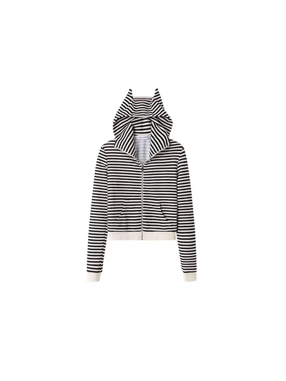 1JINN STUDIO. Original Design Striped Devil Horn Crop Zip-Up Hoodie