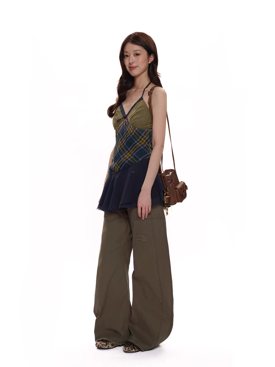 Moromoro. Original Design Vintage Plaid Patchwork Cami Dress