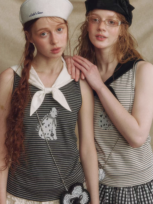 LOLOL. Original Design Puppy Print Striped Sailor Collar Tank Top
