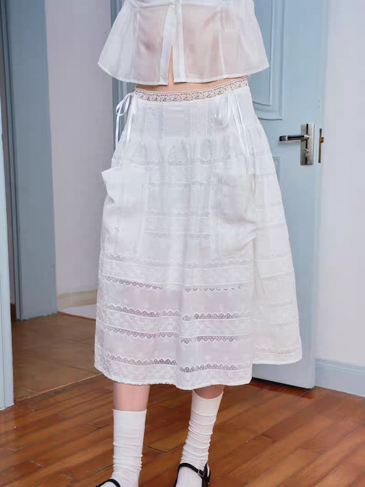 Ffringe. Original Design White Embroidered Eyelet High Waist Midi Skirt