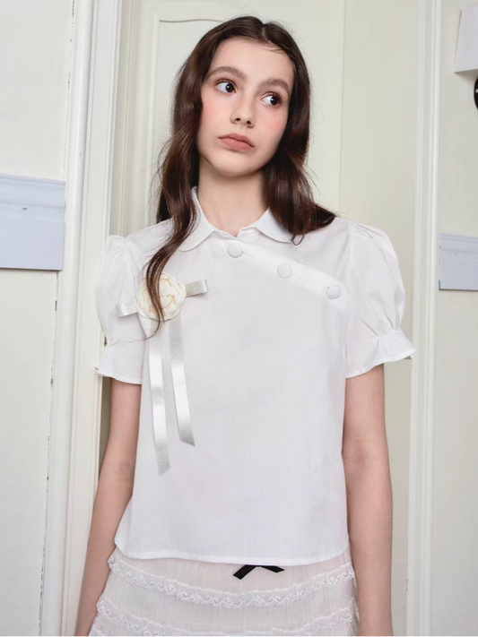Ffringe. Original Design White Puff Sleeve Short Sleeve Shirt