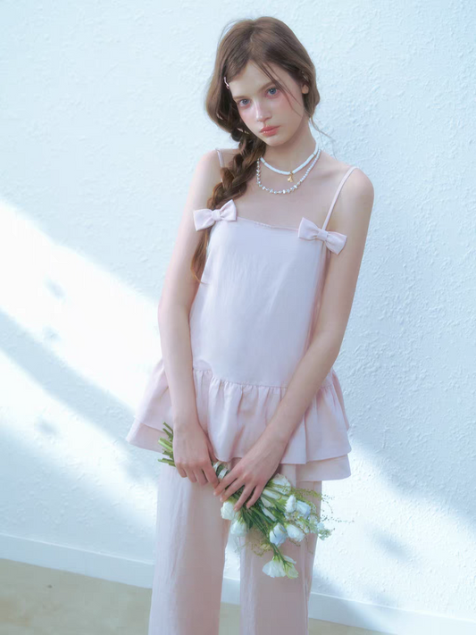 Narrator. Original Design Cotton Linen Bow Tie Cami Top & Lace Trim Pants Set