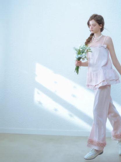 Narrator. Original Design Cotton Linen Bow Tie Cami Top & Lace Trim Pants Set